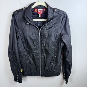 VTG FERRARI PUMA WOMEN'S WINDBREAKER JACKET FITTED POCKETS PATCHES BLACK SIZE S
